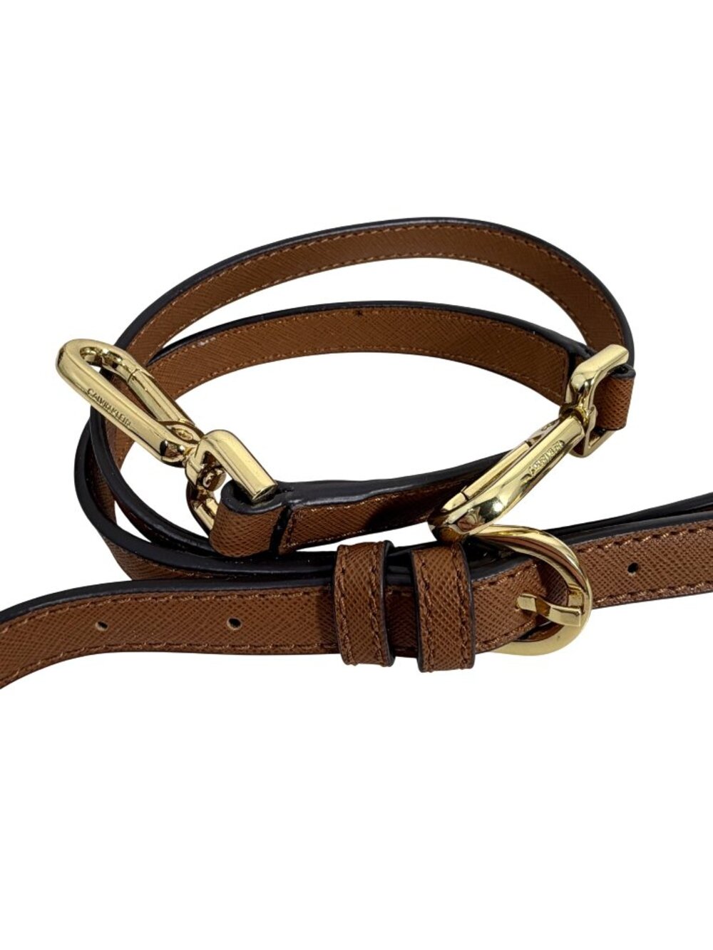 Calvin Klein Womens Brown Saffiano Leather Adjustable Shoulder Strap Gold-Tone